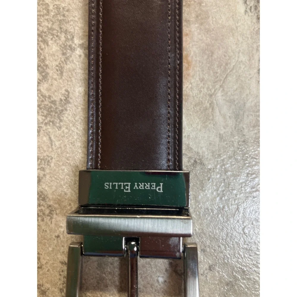 Perry Ellis Mens Reversible Leather Belt‎ Silver Buckle Size 48 120 Brown Black